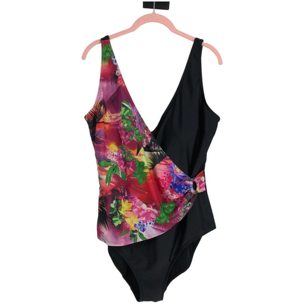 Black & Red Multicolor  Floral Low Back V-Neck One Piece Swimsuit